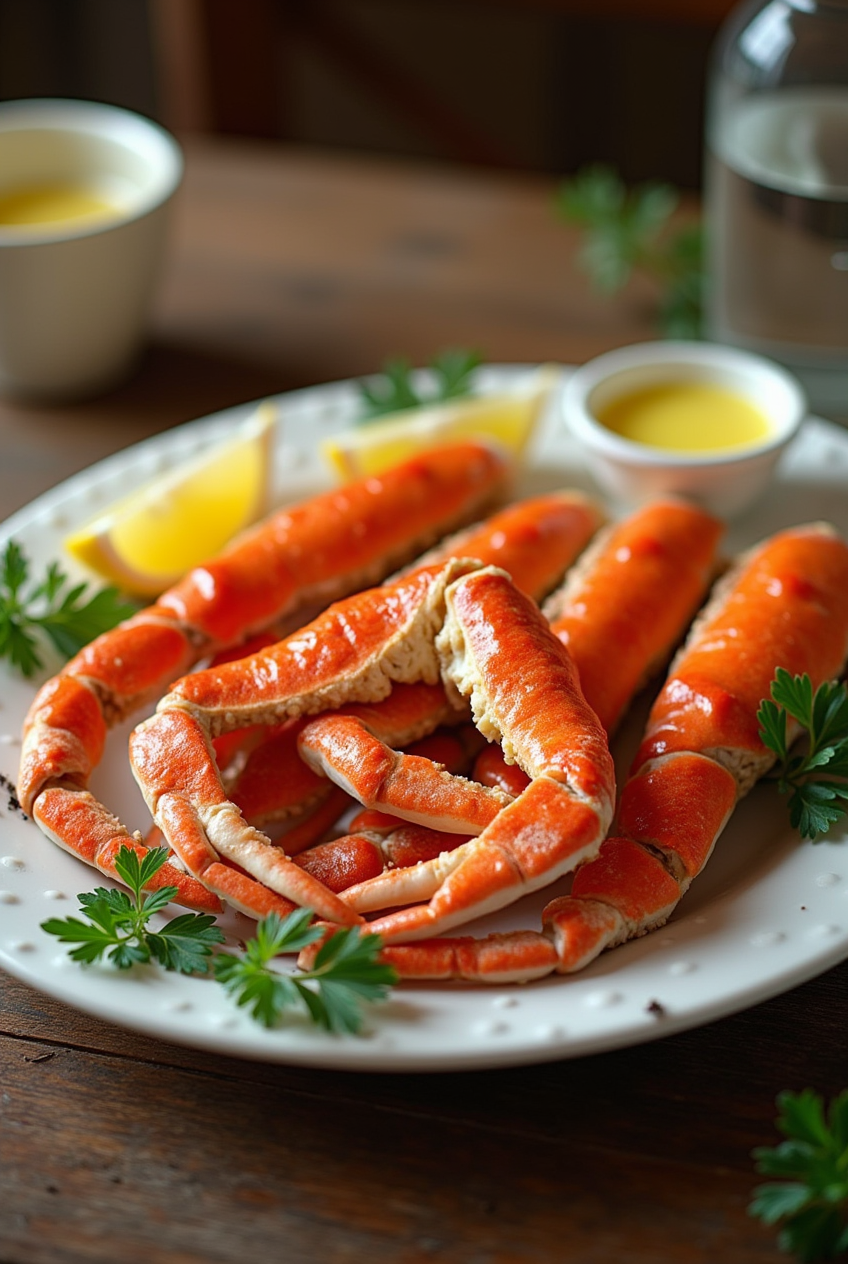 Cooked snow crab legs with lemon, parsley, and melted butter on a wooden table." This alt text is concise while still describing the key elements. Let me know if you'd like further tweaks!